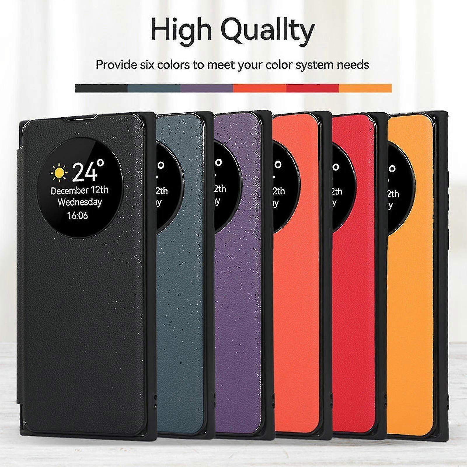 Samsung Galaxy S24 -kotelo, älykäs uni-/herätystoiminto, ikkuna, ensiluokkainen nahkainen läppäkotelo korttipaikalla, jalusta, langaton lataus