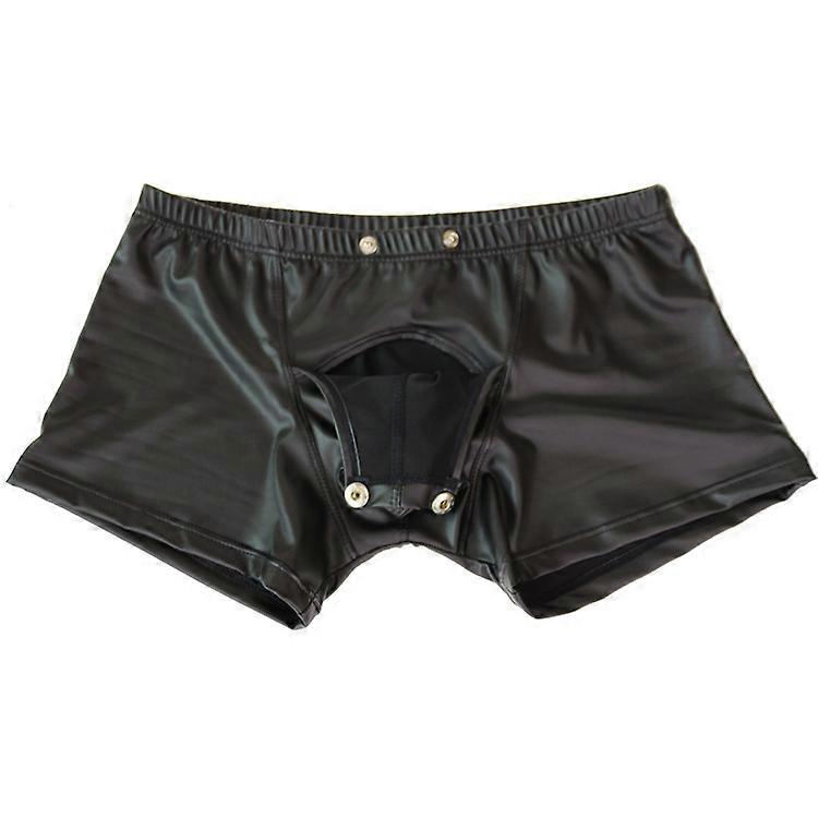 Nya Plus Size Sexiga Män Boxers Öppna grenen Faux Underkläder Steg U Konvex Påse Svart Patent Läder Boxare Shorts Underkläder