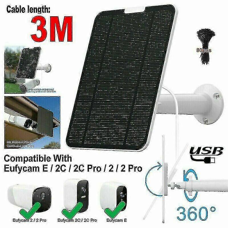 Solar Panel For Eufycam 2/2c/2c Pro/e/2 Pro 4w Mount Bracket 13ft Cable Black