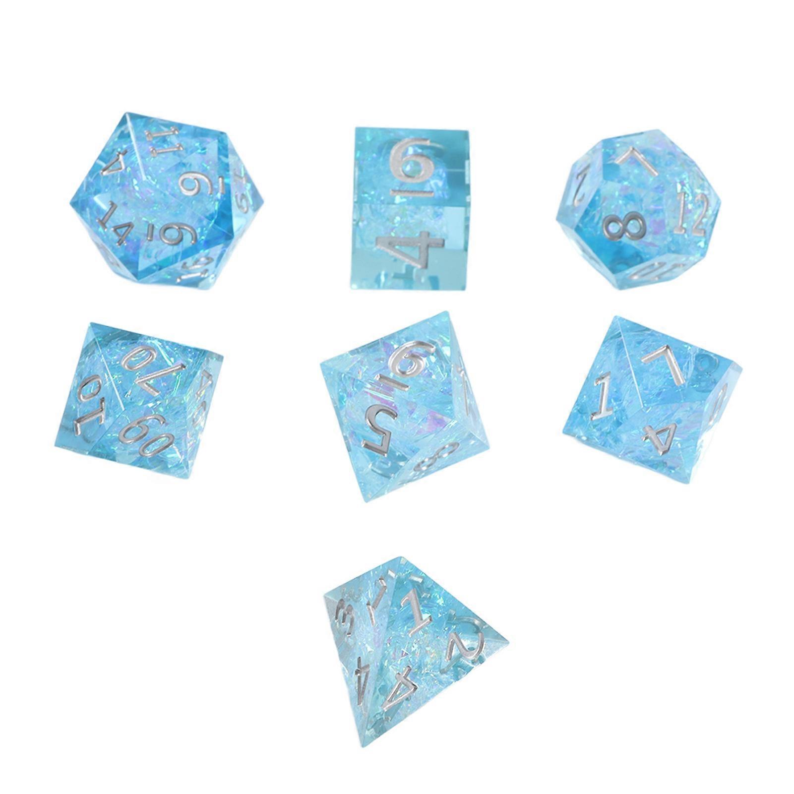 Resin Polyhedral Dice Set 7pcs Transparent Light Blue Silver for Tabletop Role Playing Games