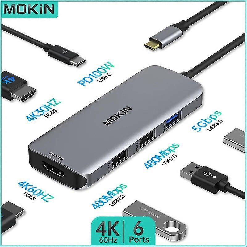 MOKiN 6 in 1 Docking Station with USB3.0 HDMI 4K60Hz PD 100W Compatible with MacBook Air Pro iPad Thunderbolt Laptop