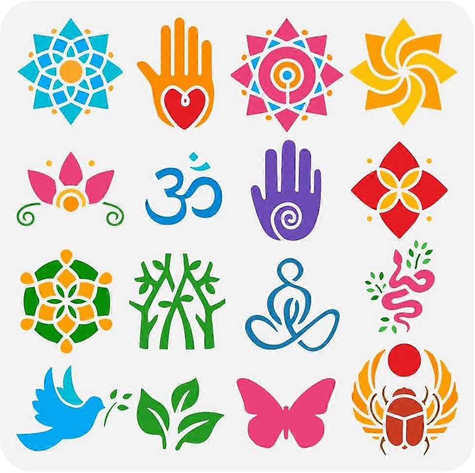 Buddhist Symbols Stencil for Painting 11.8x11.8 inch Large Geometric Patterns Drawing Template Hand Snake Doves Butterfly Stencil Animal Plant Templat