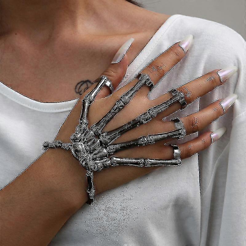 Unique Punk Skeleton Hand Bone Versatile Five Finger Ring Bracelet Adjustable One Chain Bracelet