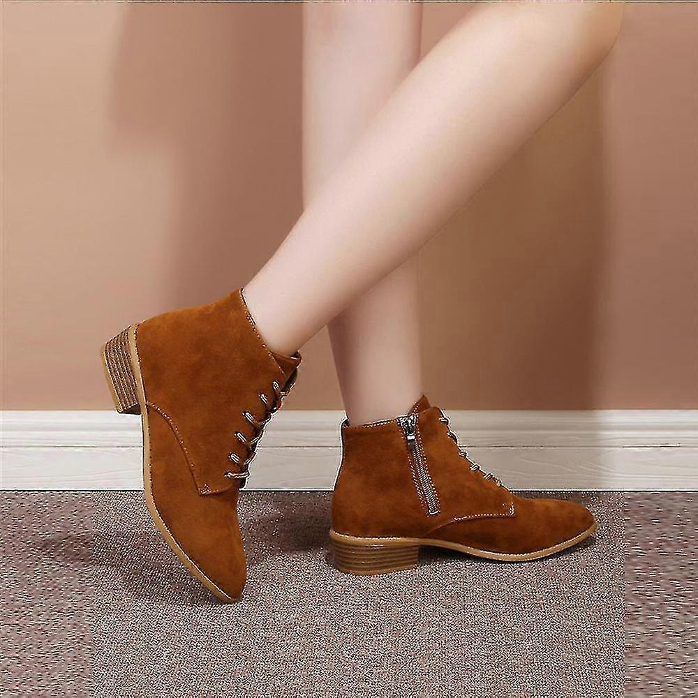 Women Lace-up Suede Ankle Boots Zip Up Bootie Low Heel Pointed Toe
