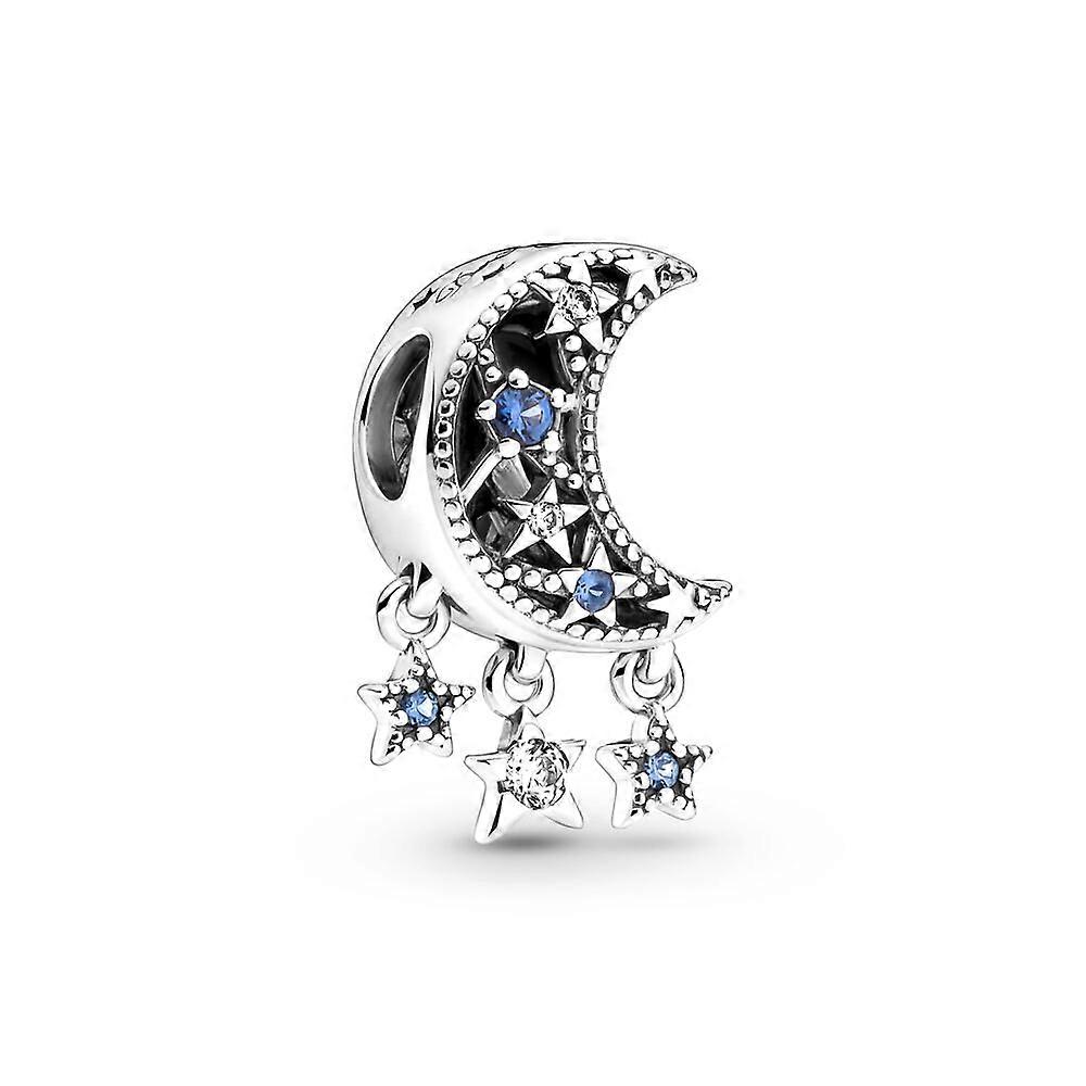 Women's Stars And Moon Pandora Sterling Silver Galaxy Blue & Star Murano,Star & Crescent Moon Charm For For Birthday Gift Bracelet Diy Jewelry