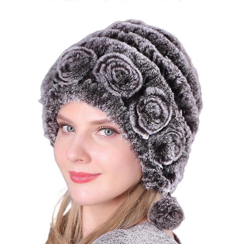 MIMIGO With Two Fur Pompoms Winter Women Fur Hat Natural Rex Rabbit Fox Fur Cap Female Fur Headwear Elastic Knited Hat Warm Beanies Caps Keep Your Ear