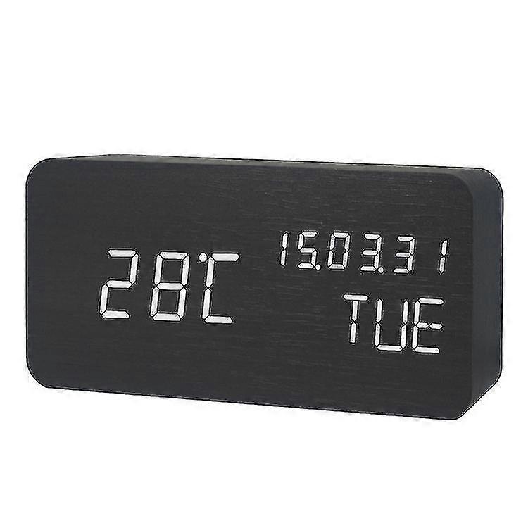 新しい創造的なギフトは、パーペチュアルカレンダー木製時計ベッドルーム木製電子目覚まし時計ミュートデジタル時計(黒)