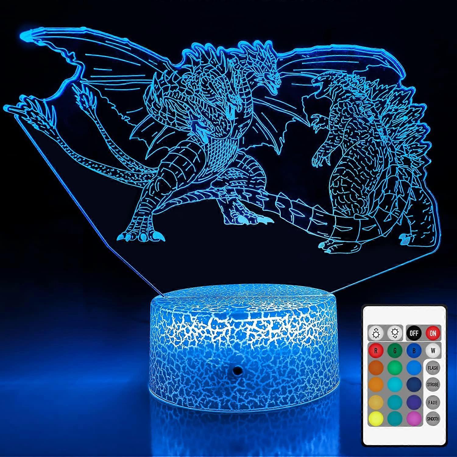 Godzilla vs Three-Headed Dragon King Ghidorah 3D Night Light, 16 Color Changing Dimmable Kids Night Light, with Touch and Remote. Godzilla Toys LED Li