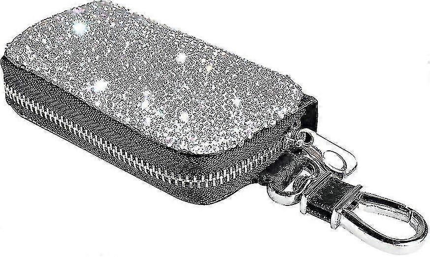 Bling Crystal Car Key Case Genuine Leather Auto Smart Keychain Holder Metal Hook And Keyring Zipper Bag For Remote