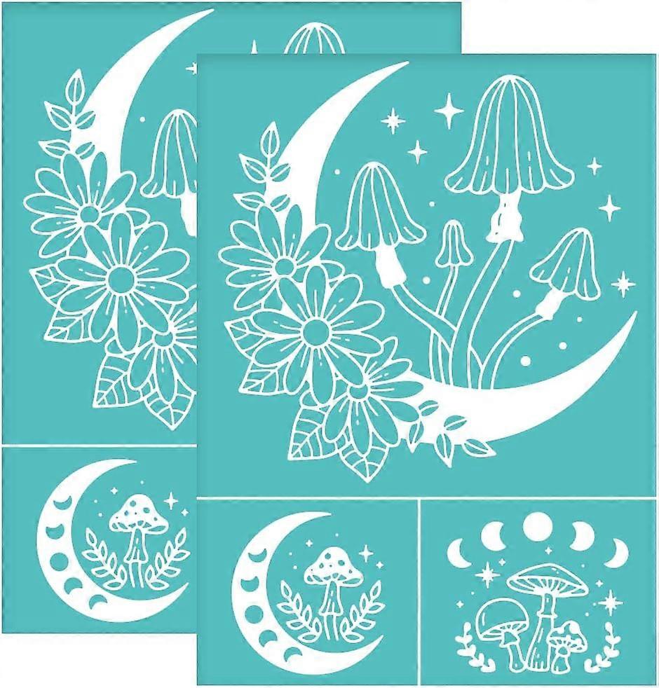 2pcs Silk Screen Printing Stencils Mushroom Moon Star Stencil Self Adhesive Mesh Transfers Reusable Flower Leaves Silkscreen Stencils for Printing on