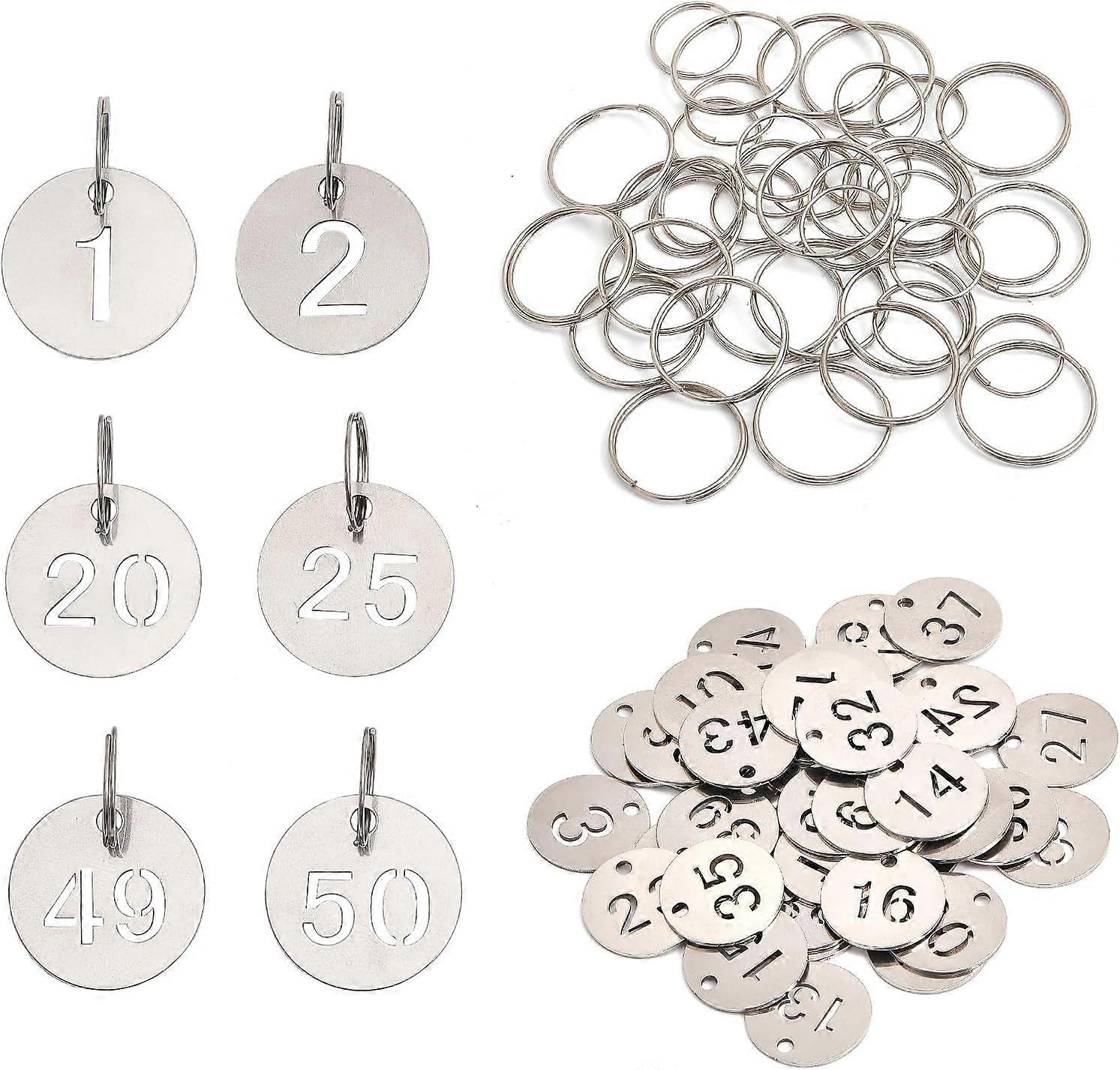50Pcs Number Tags Stainless Steel Metal Round Numbered Tags ID Number Tags Identification Hang Label Tags with 50 Pcs Key Rings(1-50)