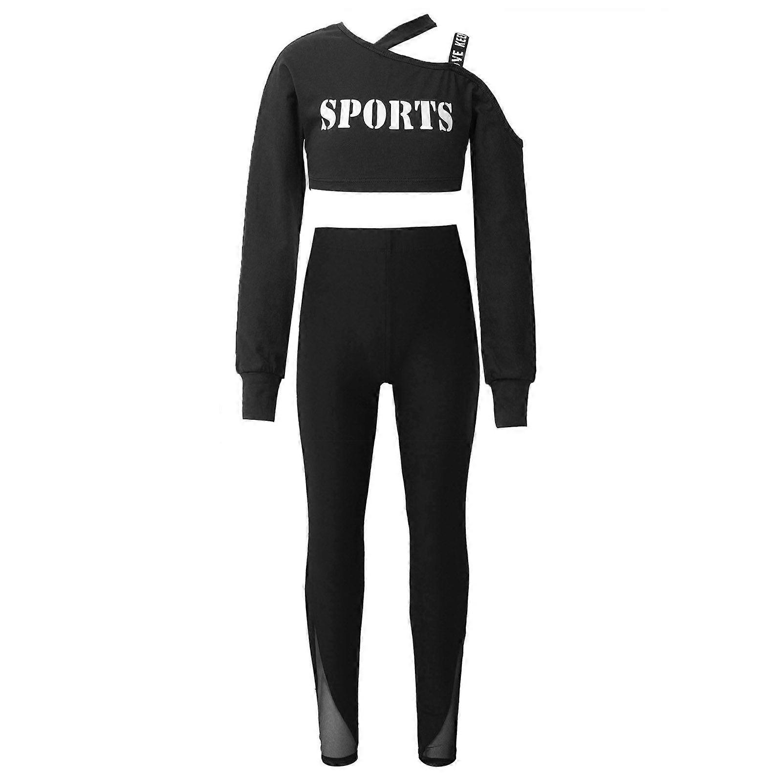 طفل فتاة الملابس مجموعة واحدة الكتف طويلة الأكمام رسالة طباعة الرياضة الدبابات المحاصيل الأعلى مع اللقاق تجريب ملابس الرقص الجمباز الزي