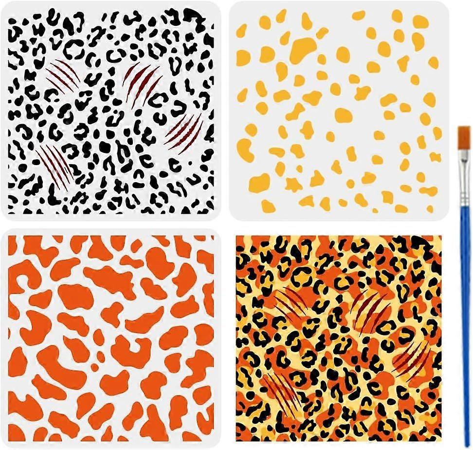 3 Pcs Layered Leopard Print Camouflage Stencil with A Paint Brush 11.8x11.8inch Leopard Spots Painting Template Claw Marks Pattern Stencil for Paintin