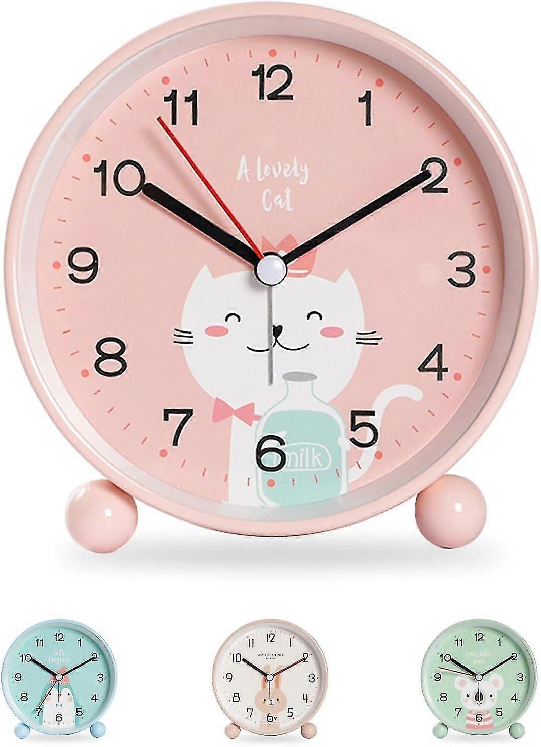 Pedagogisk väckarklocka för barn - dag / natt, väckarklocka för barn Icke-tickande analog väckarklocka Reseväckarklocka (rosa katt)