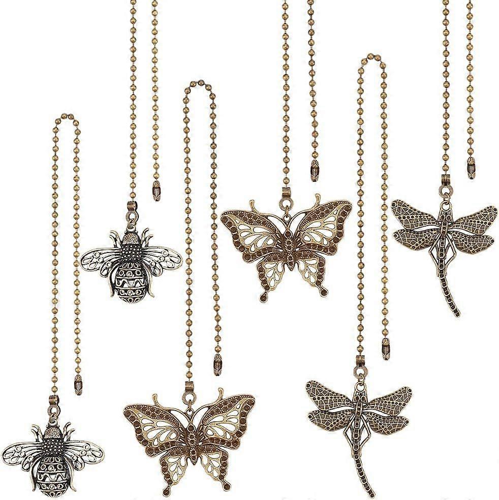 6Pcs 3 Styels Butterfly Bee Ceiling Fan Pull Chain Vintage Dragonfly Extender Chain Charm Lamp Decorative Pull Chain with Iron Ball Chain for Fan Tabl