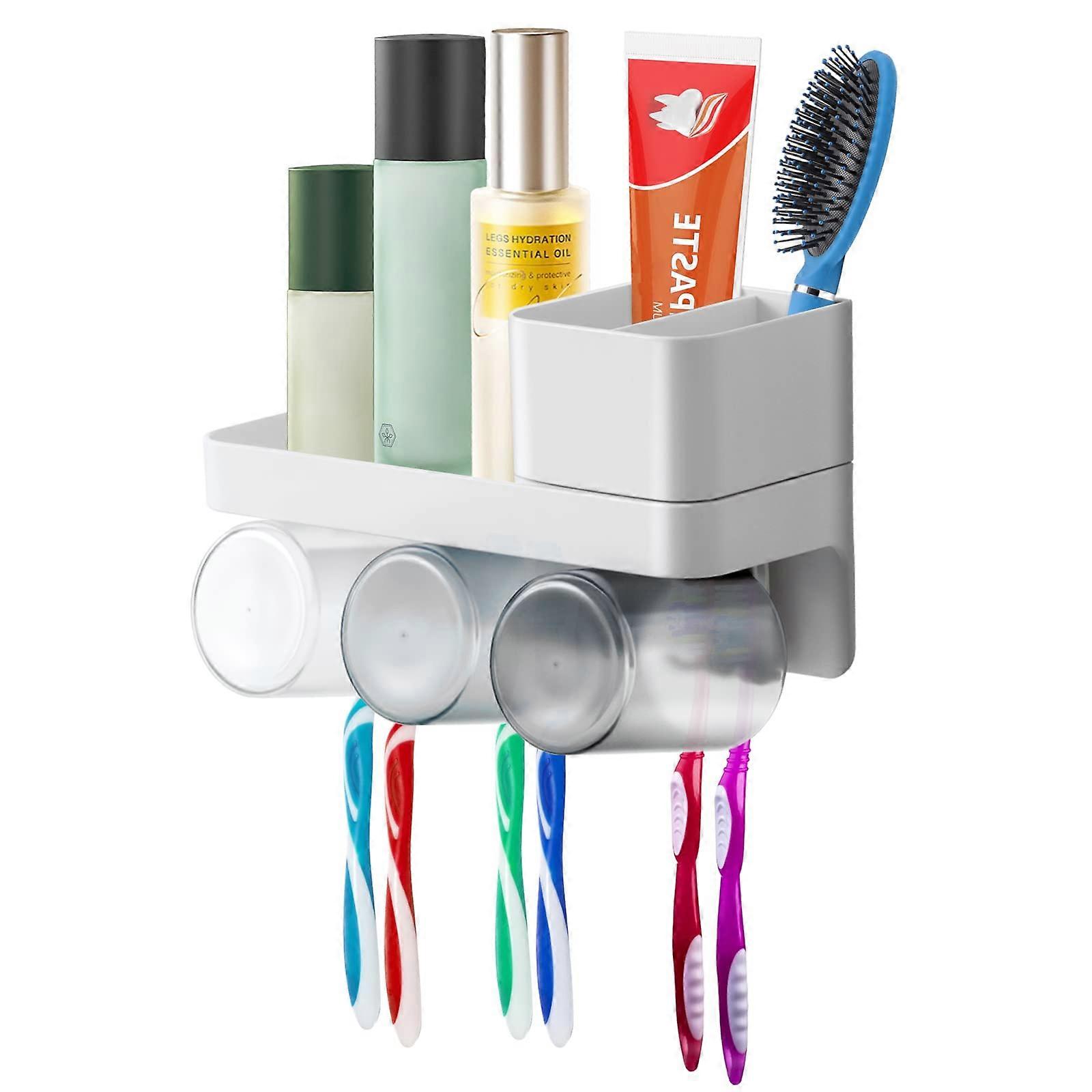 Wall-Mounted Toothbrush Holder with 2-Slot Storage Box and 3 Cups for Bathroom Organization and Easy Access