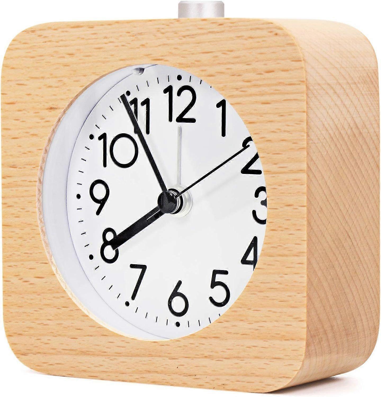 4 Inch Wooden Analog Alarm Clock Battery Operated Non-Ticking with Snooze Button,Night Light,Gentle Wake