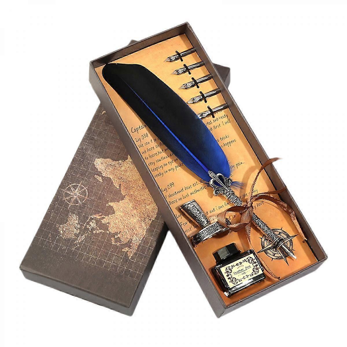 Dip Pen Calligraphy Feather Writing Ink Bottle Set with 5 Replacement Nibs & Pen Nib Base for Stationery Gift