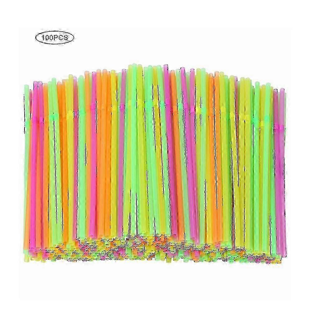 100pcs Fluorescent Plastic Bendable Drinking Straws Disposable Beverage Straws Wedding Decor Mixed Colors