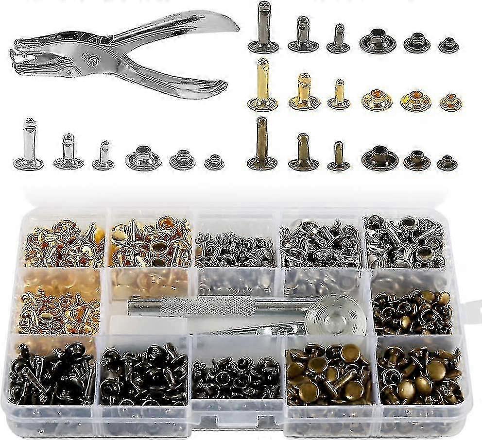 360 Double Cap Leather Rivet Set 3 Sizes Metal Tubular Rivets with Punch Pliers and 3 Fixing Tools for European Market