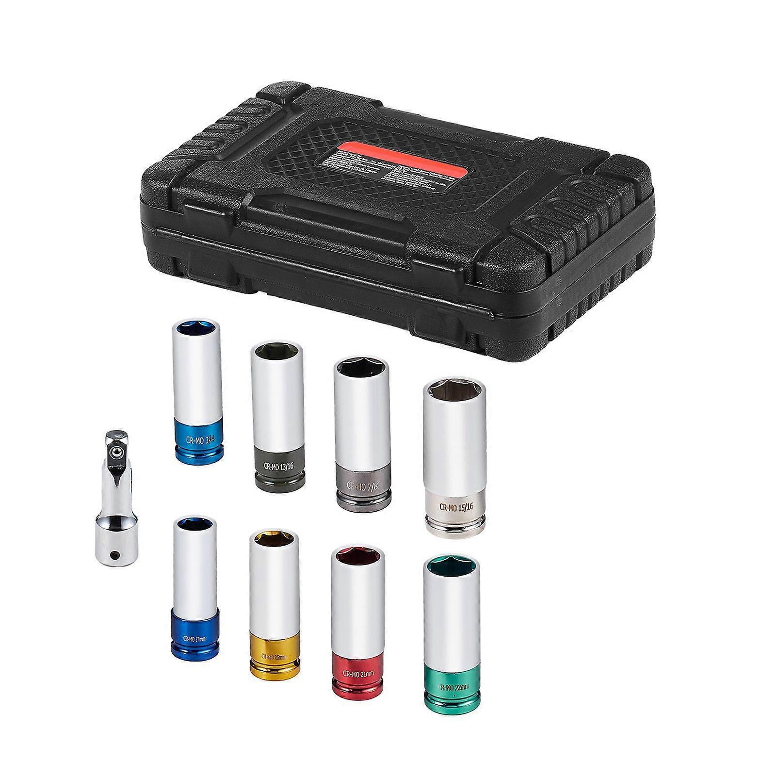 Lug Nut Impact Socket Set, 1/2 inch Drive Metric and SAE 6-Point Deep Socket Set, 8 Total Lug Nut Sizes, for Auto Repair