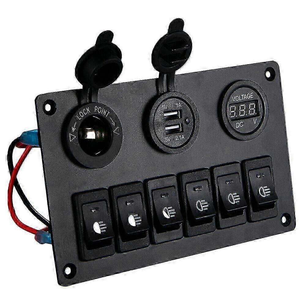 6 Gang Switch Panel with 12V-24V LED Digital Voltmeter Dual USB Charger Lighter Socket for RV Truck