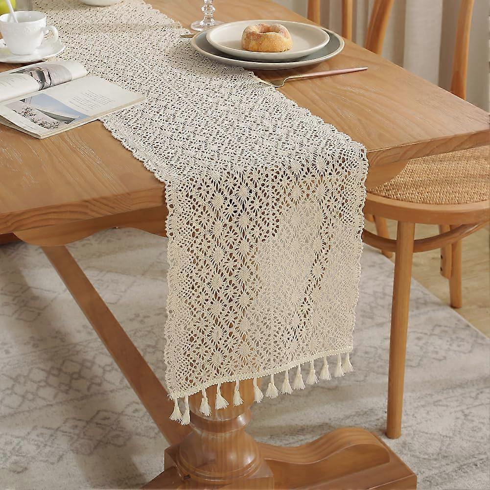 Crochet Lace Table Runner 12x78 Inch Pocket Table Runners with Tassel Rustic Farmhouse Style Table Decor