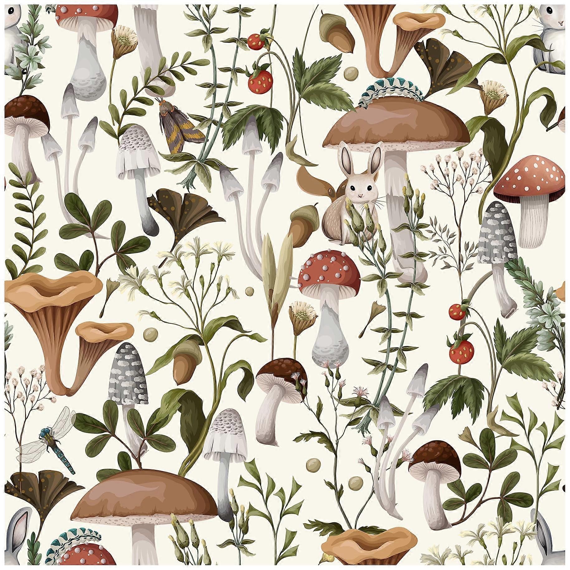Mushroom Wallpaper Peel and Stick, Boho Self-Adhesive Removable Wallpaper, 17.7" x 393" Vinyl Roll