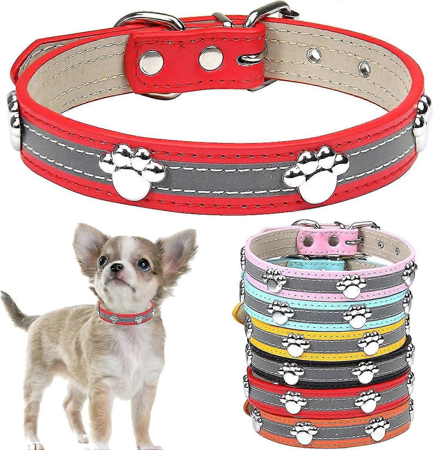 Reflective Dog Collar With Cute Paw Rivet Studded Funny Soft Pu Leather Adjustable Puppy Dog Collars For Small Medium Large Dogs Cats Red X-large (pac
