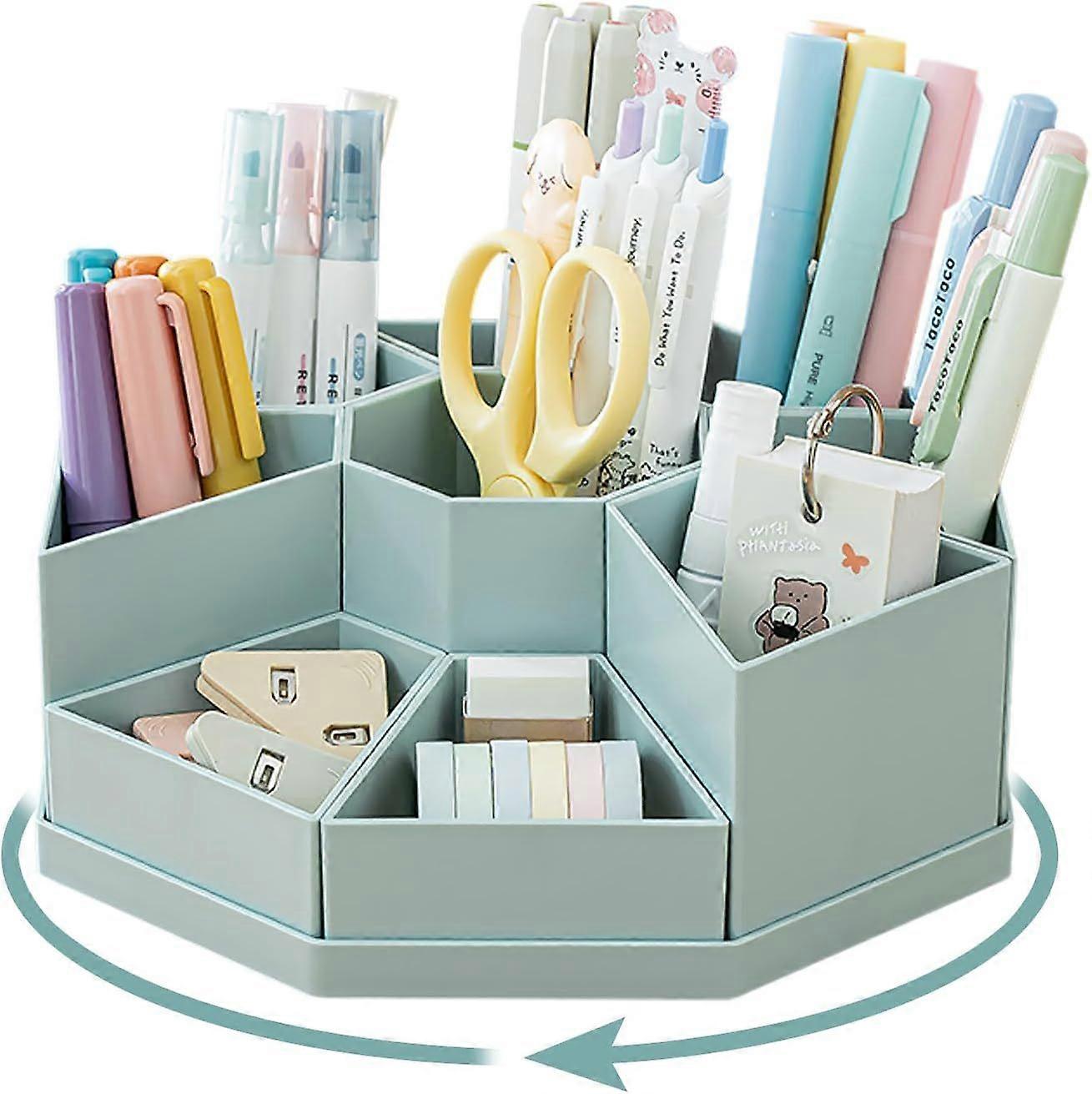 360 Rotating Desk Organizer, 9 Compartments Large Capacity Desk Organizer, Removable, Can Hold Colored Pencils and Various Stationery (Blue)