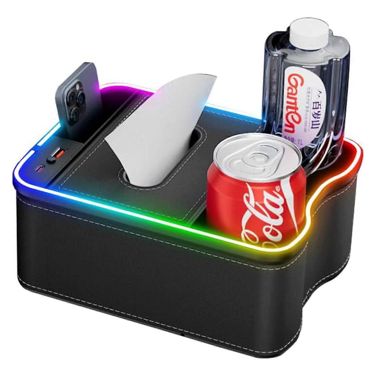 Car Armrest Storage Box With 2 Cup Holders, 7 Colour LED Lights, USB Type-C Port, Universal Front Seat Console Organizer