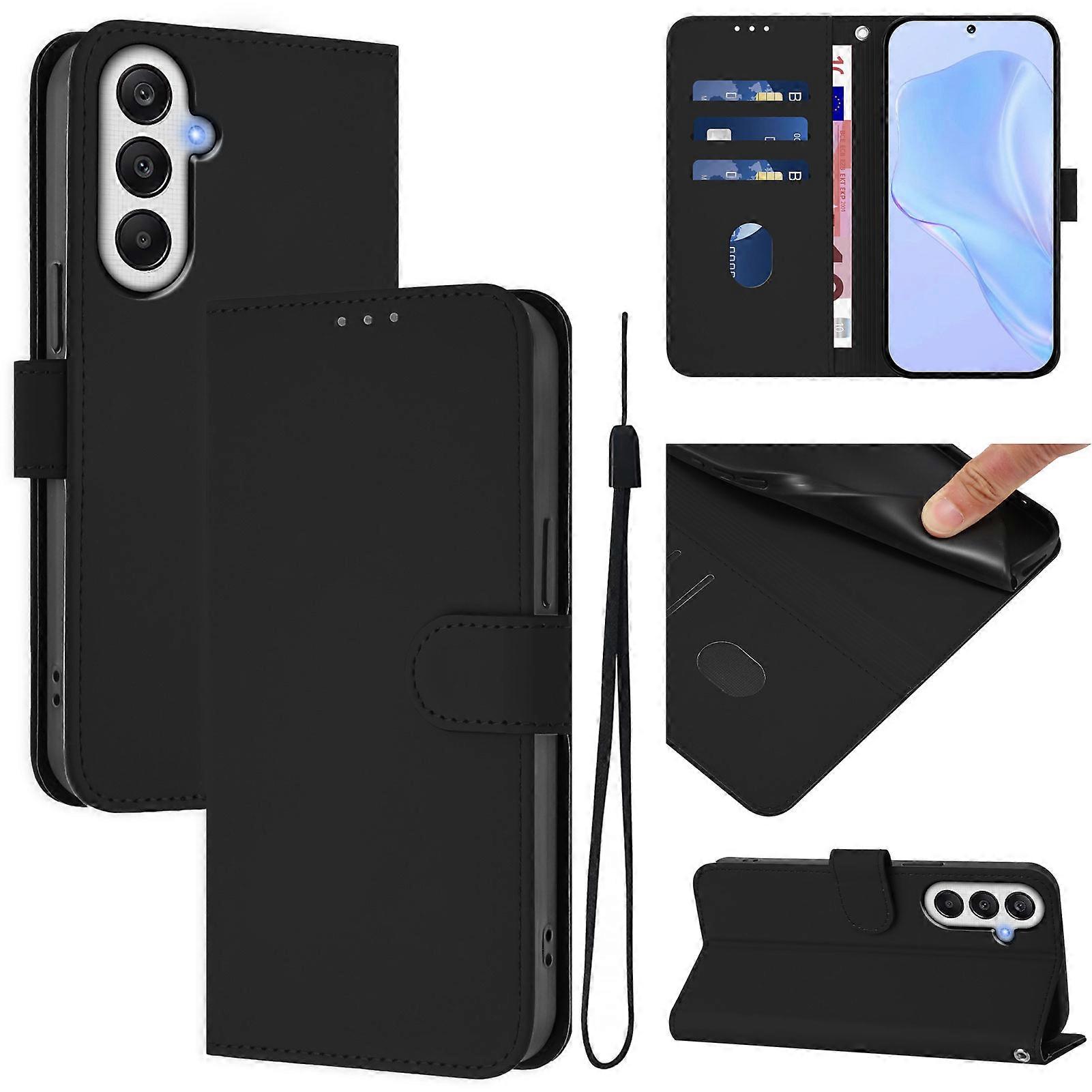 Compatible For Samsung Galaxy A55 5G Case Solid Color Wallet Leather Phone Cover with Strap