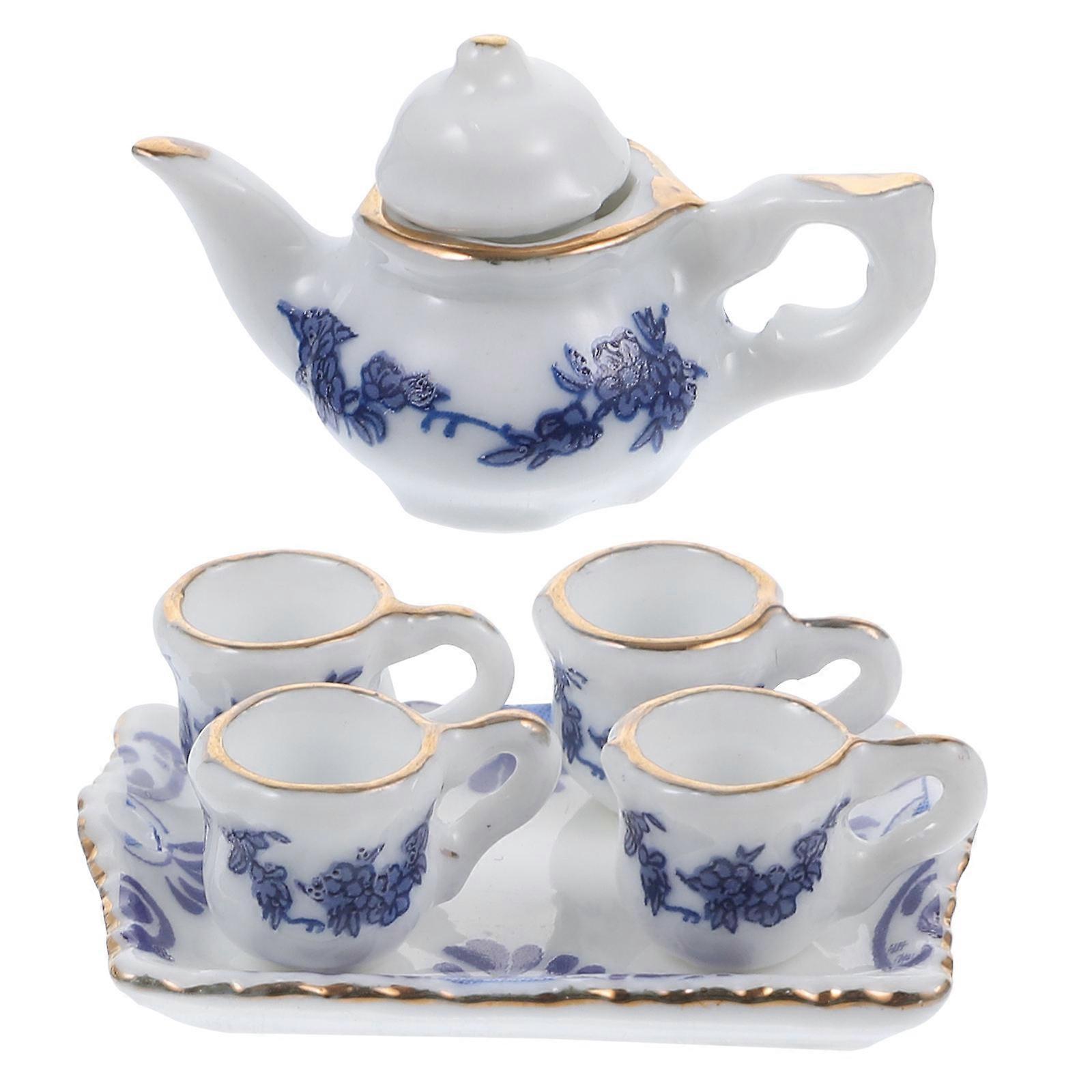 1 Set Mini House Ceramic Tea Set Miniature Teacups Plate Teapot Mini House Accessories