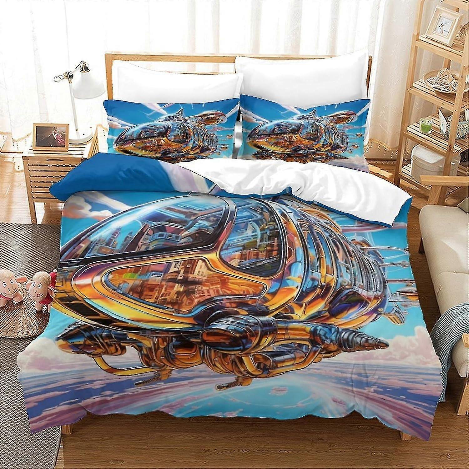 Sci-Fi Flying Machine Comforter Set 3D Printed Reversible Bed Cover, Dazzling Pillowcase 3 Piece Set with Zip Duvet Cover for Teenagers
