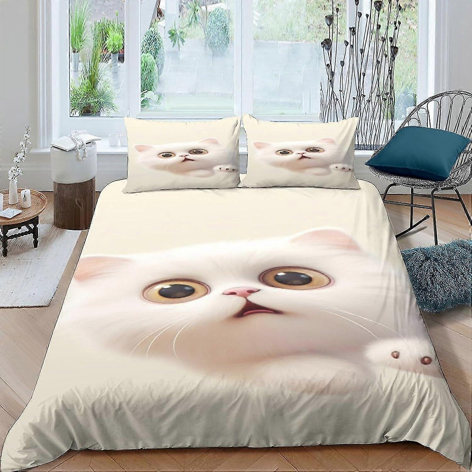 Conjunto de Capa de Edredom para Gatinho Fofo - Microfibra Macia Escovada Conjunto de Cama de 3 Peças com Fecho de Zíper, Capa de Colcha de Cama com Fronhas Duplas