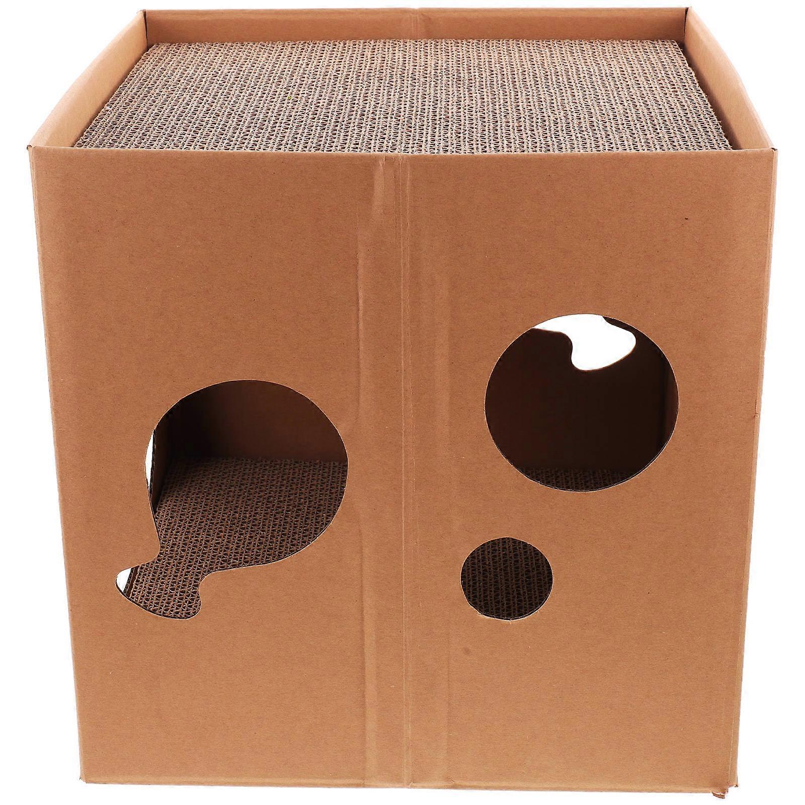 Durable Cardboard Cat House with Corrugated Scratcher for Playing, Resting and Relaxation