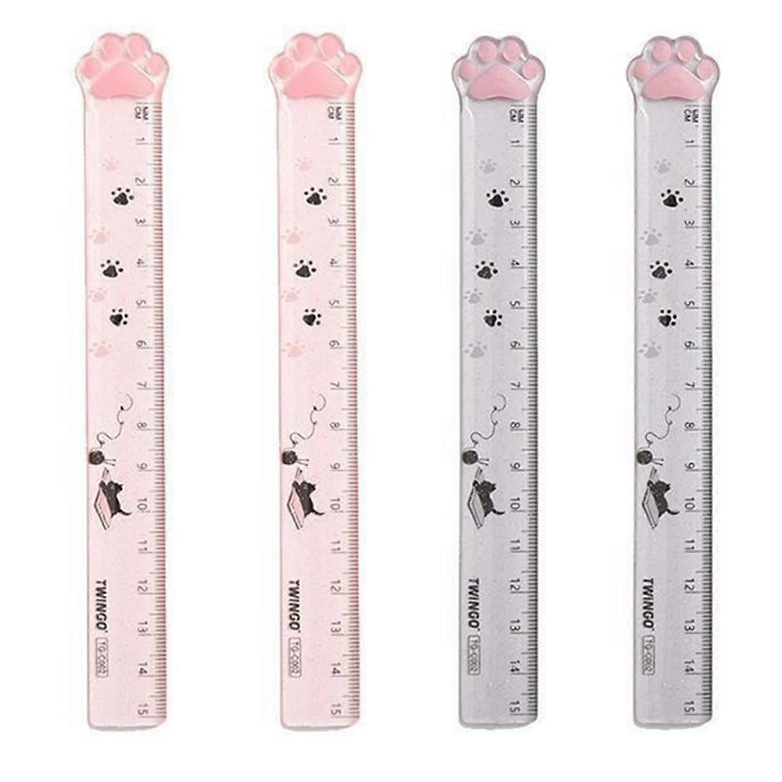 4 Pieces Cat Paw Rulers Set - Kawaii Plastic Measuring Tools for School Office Crafts in Pink Grey Non-Slip Design