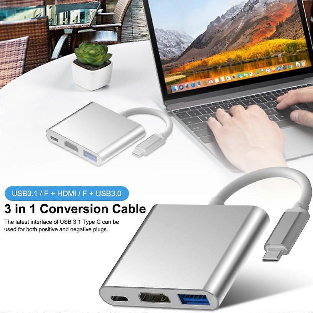 3-In-1 Conversion Cable USB Type-C Hub Adapter to 4K HDMI Port + USB 3.0 Port + Type