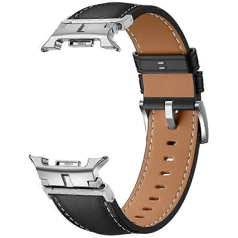 Galaxy Watch8 / Watch8 سوار جلدي كلاسيكي 44 مم 40 مم 46 مم حزام جلد البقر الأصلي موصل معدني أسود