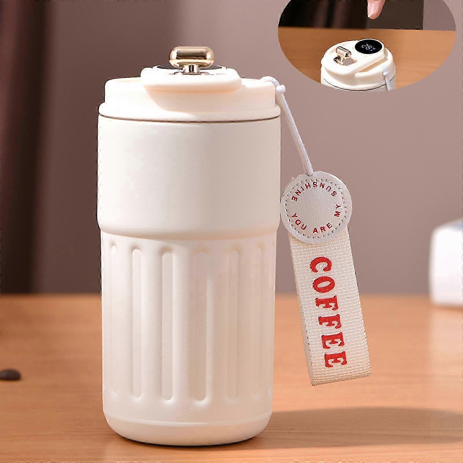 温かい飲み物と冷たい飲み物用のサーマルコーヒーマグ、デジタル温度表示付き450Mlコーヒーカップトラベルマグ、ポータブルハンドル付き漏れ防止ステンレスマグ