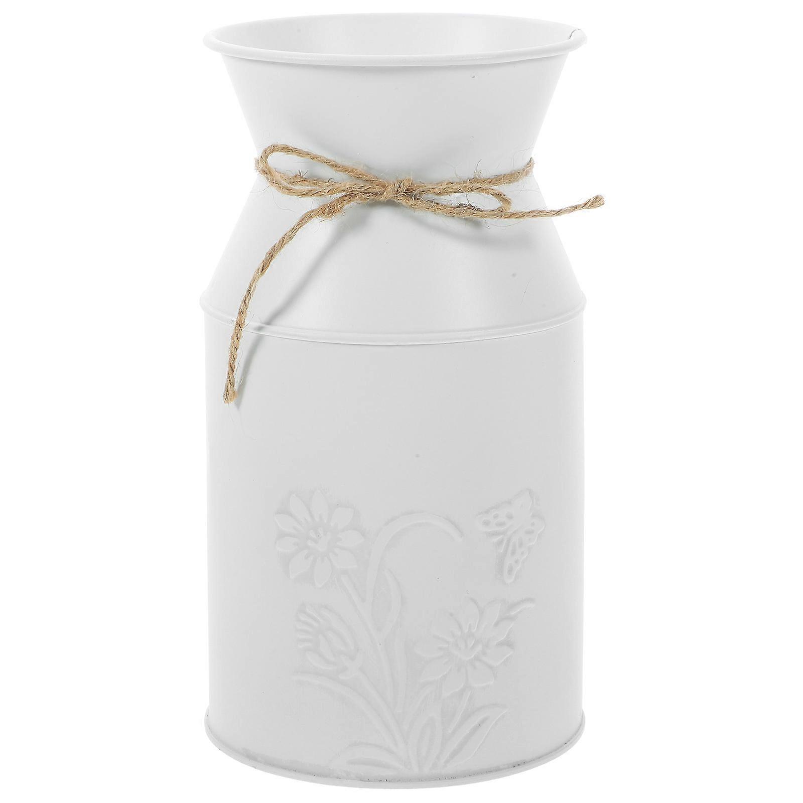 Iron Bucket Vase Decorative Flower Pot For Desktop Use In White With Fine Workmanship And Flower Arrangement 1Set