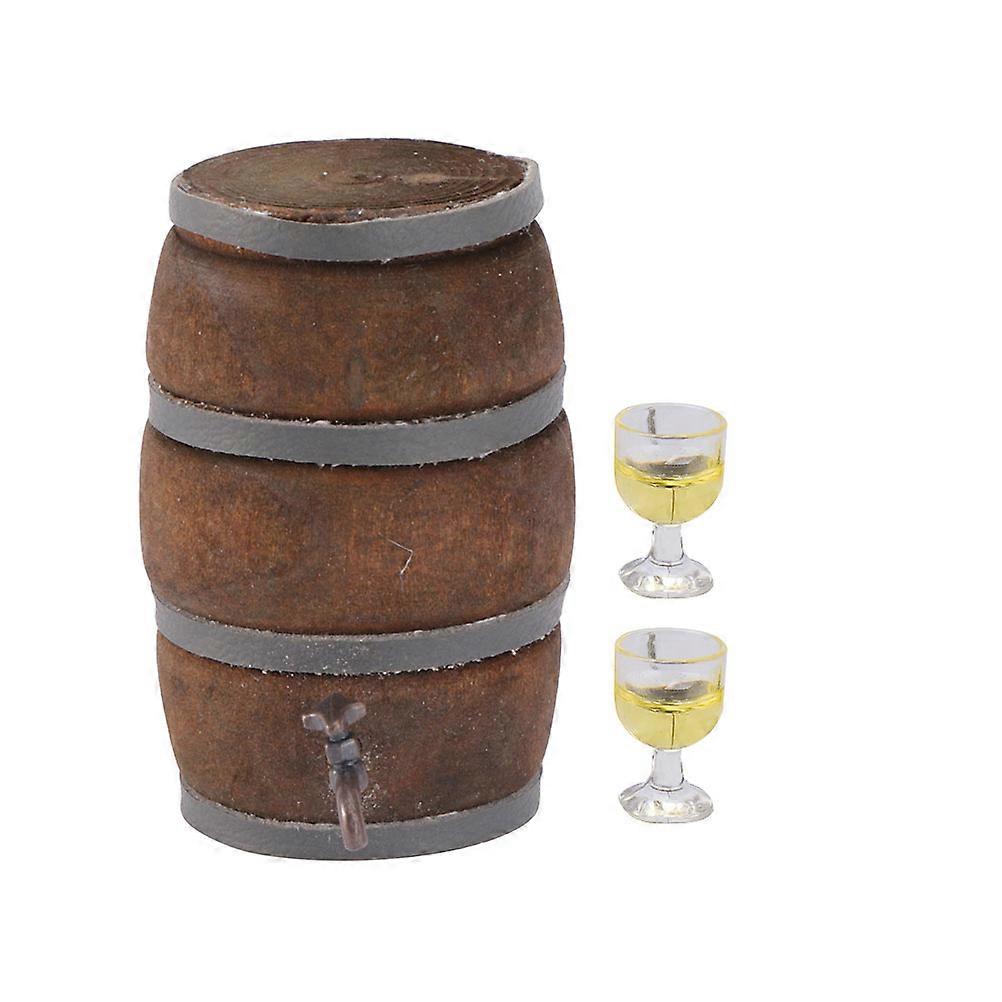 Miniature Red Wine Barrel with Tap and Cups, Vintage Dollhouse Decor for DIY Miniature House Layouts, Retro Wine Cellar Accessory