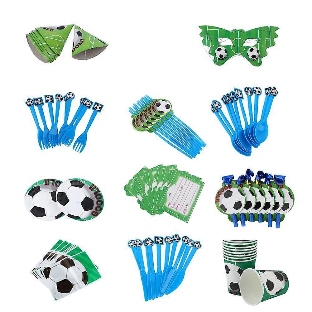 Disposable tableware set with 16 paper plates and forks for football-themed birthday cakes