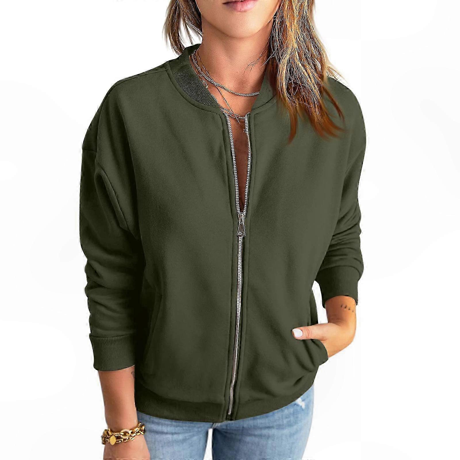 Women's Relaxed Fit Bomber Jacket with Zipper and Pockets Brown XXL