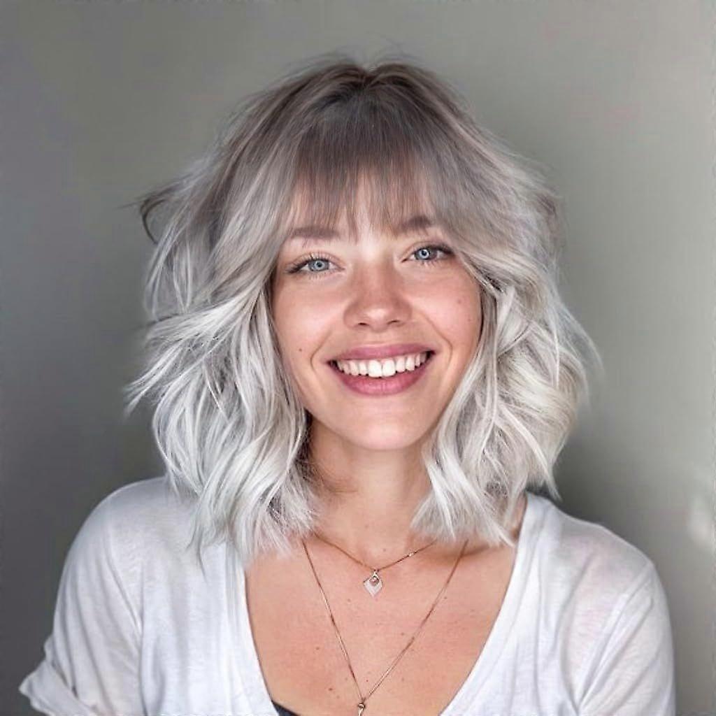 Graue Perücke für Frauen Ombre Grau Bob Perücken mit Pony Dunkelbrauner Ansatz Kurz Gewellt