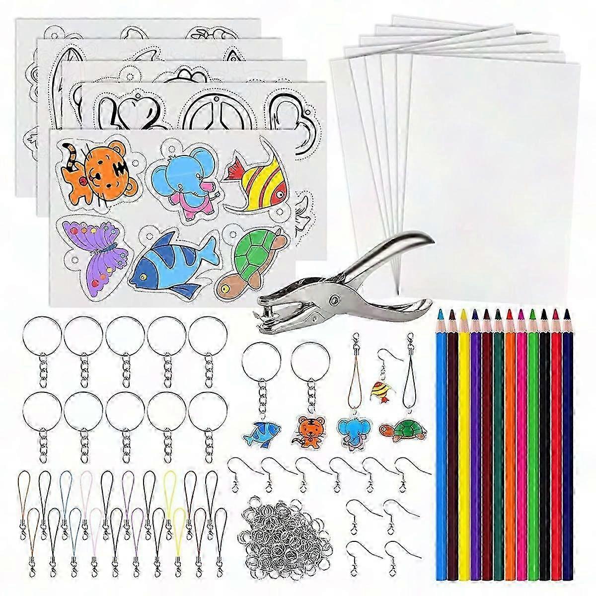 168 Pcs Shrinking Plastic Sheets Kit with 15 Shrink Film, Hole Punch & 12 Colored Pencils for DIY Crafts