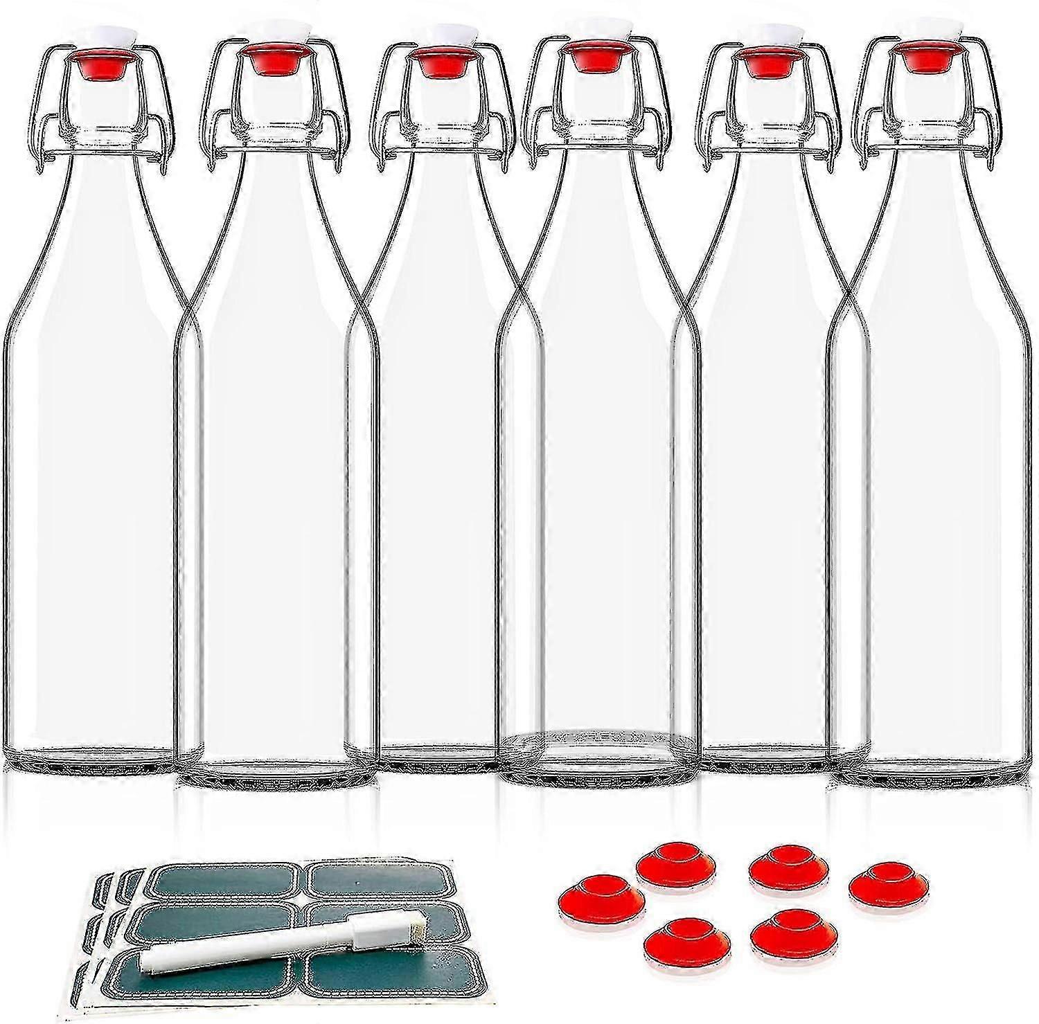 Swing Top Glass Bottles- Set Of 6, 16oz W/ Marker & Labels - Clear Bottle With Caps For Juice, Water, Kombucha Wine Beer
