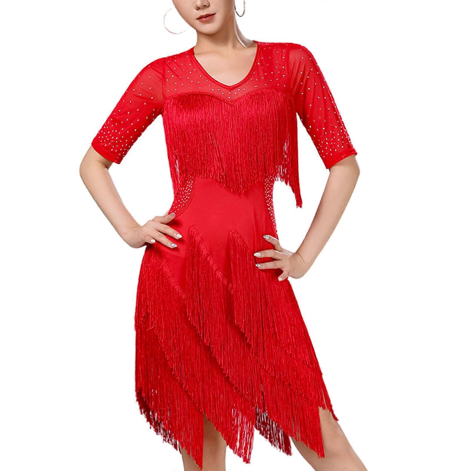 Stage Ready Latin Dance Costume Lightweight Breathable Fabric Sparkling Sequins Flattering Fringe Design  XL Red