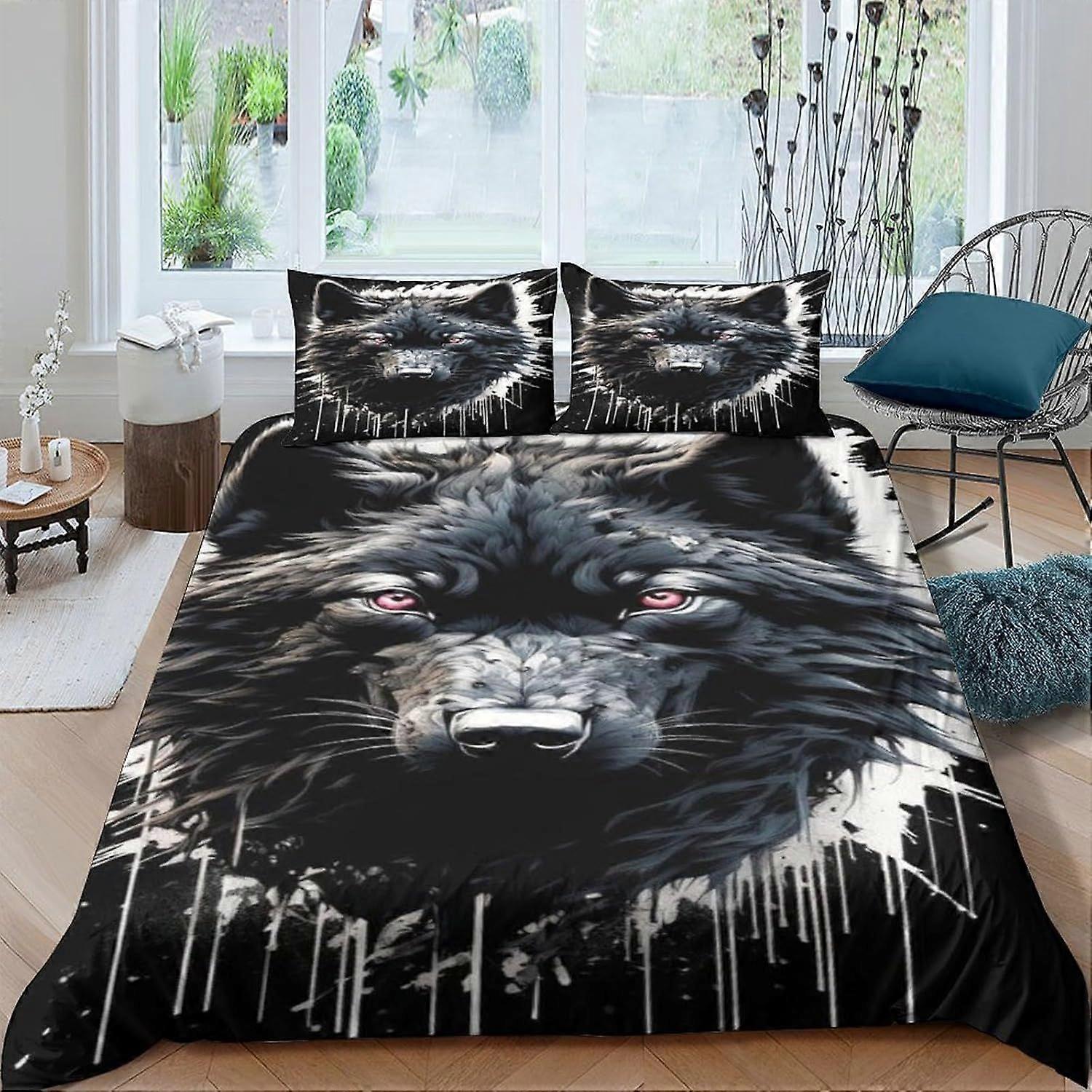 Conjunto de cama com estampa de lobo, capa de edredom com estampa de animal, capa de edredom fofa e macia com zíper de metal, tamanho casal.