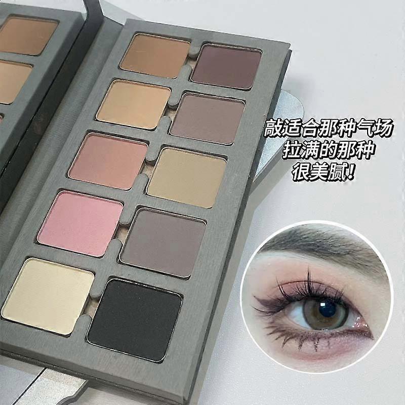 Ten-color eyeshadow palette with matte, highlighting, highlighting, contouring, and blush in earth tones for everyday wear